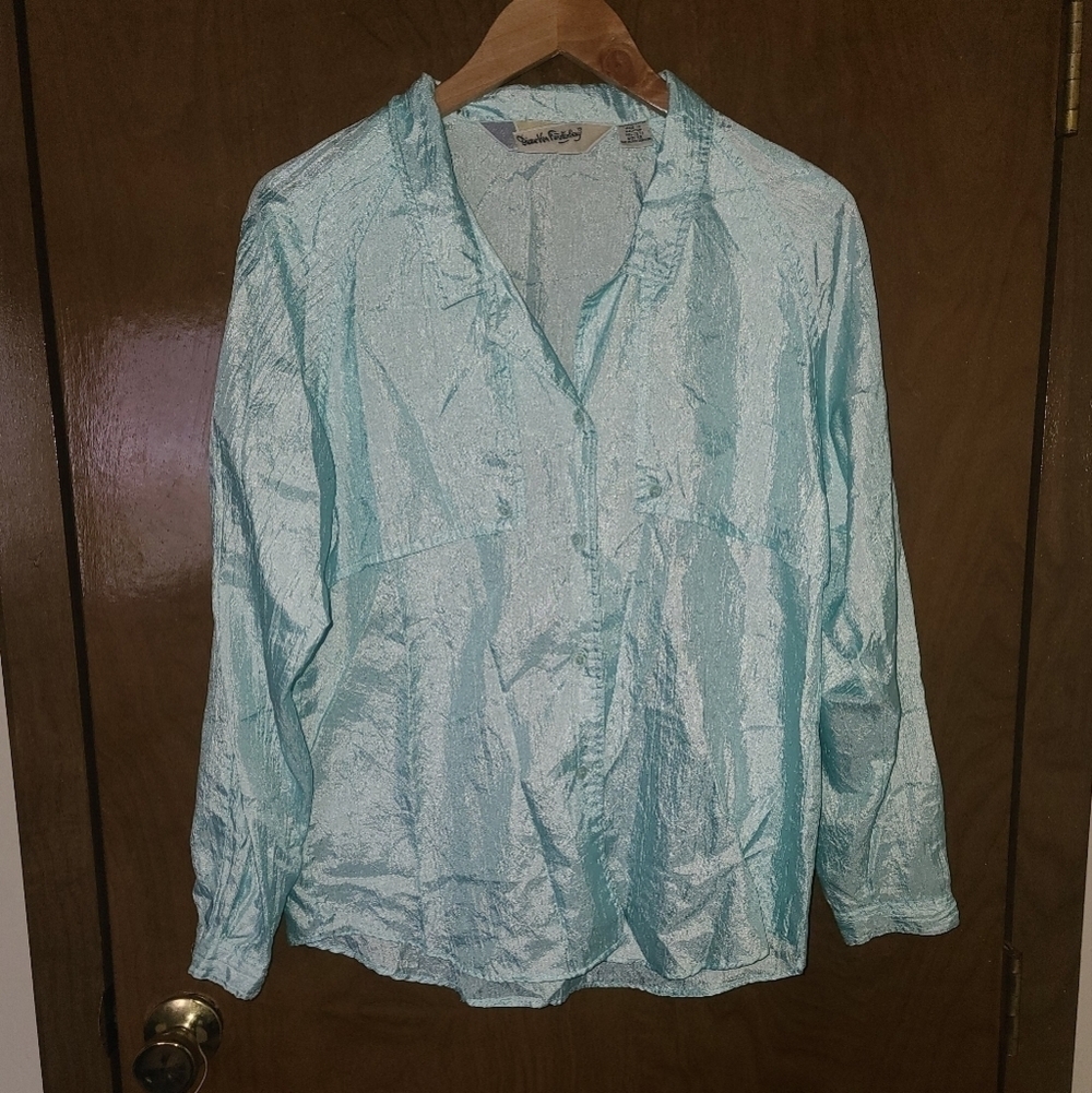 Diane von Furstenberg Button Up Blouse Vintage Blue Roll Sleeves Women Size 12